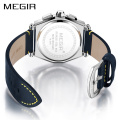 Megir 2098 Blue Men's Leather Strap Quartz Watches Army Sports Chronograph Waterproof Wristwatch for Man Luminous Clock